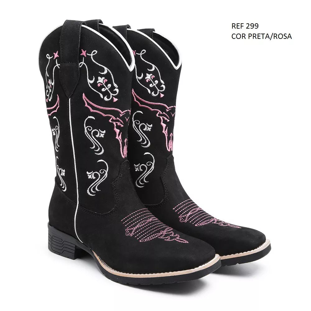 Bota Feminina Texana Montaria Cano Alto Country Couro Legitimo Bordado